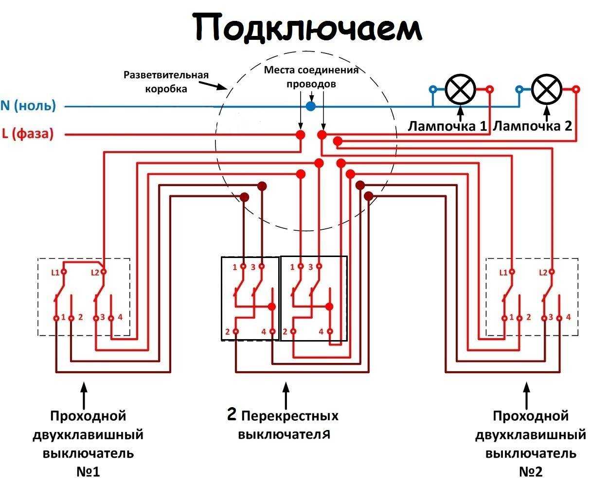 Как работают проходные двухклавишные выключатели: схема подключения бытовой проводки с возможностью управления светом из разных комнат для начинающих электриков