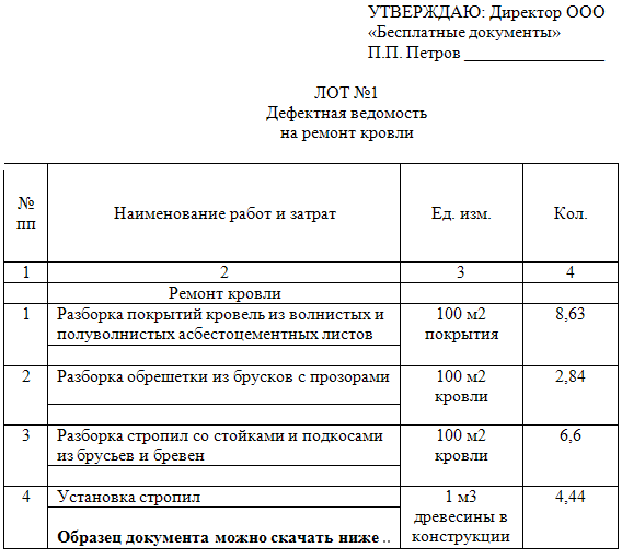 Дефектный акт на ремонт шиферной кровли